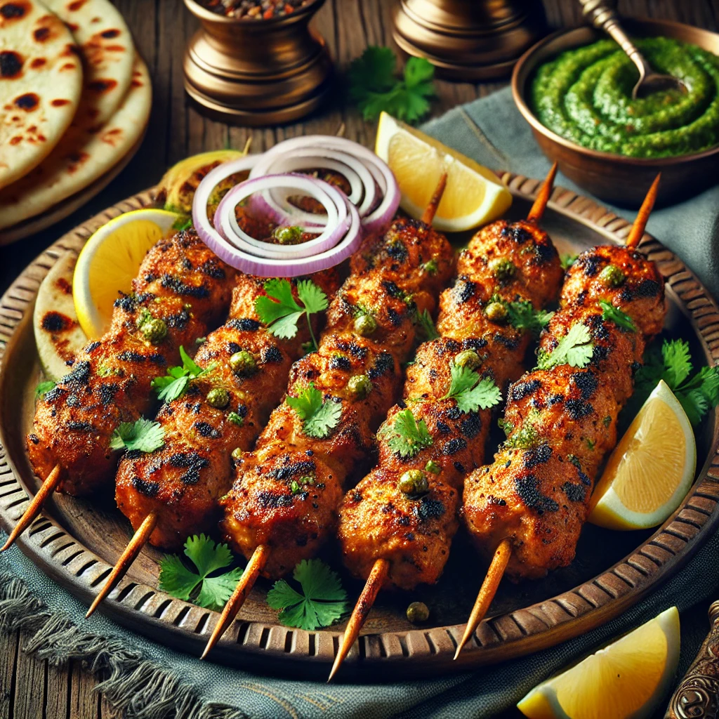 DALL·E-2025-03-16-21.26.54-A-high-quality-realistic-image-of-freshly-grilled-Chicken-Seekh-Kebabs-served-on-a-traditional-platter.-The-kebabs-are-golden-brown-with-a-slightly-